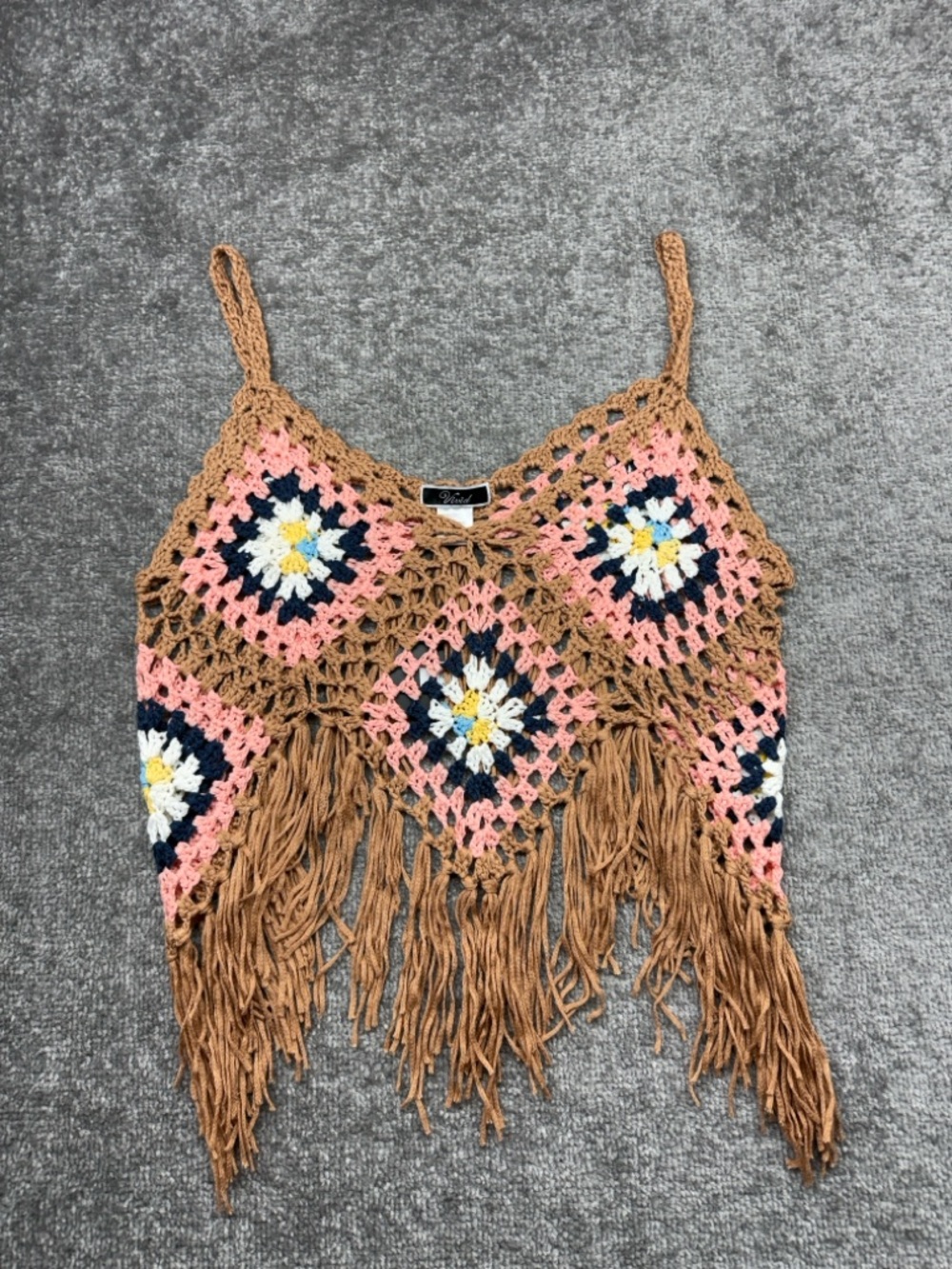 NWT Vivid Crochet Knit Fringe Tank Top Crop Cami Tan Pink Womens M Boho Hippie